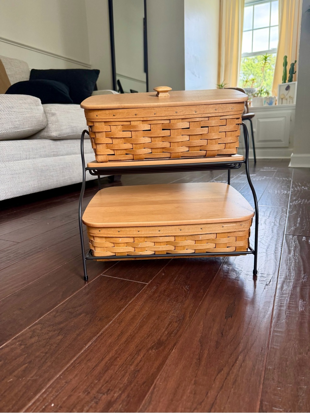 Longaberger Natural Wood Two-Tier Basket Stand with Lids